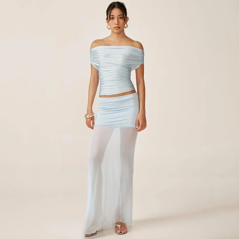 Letni zestaw damski 2025: seksowny top tuba bez pleców i długa spódnica, dwuczęściowy komplet.