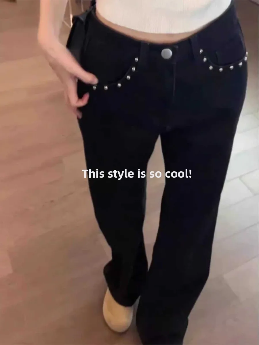 Black Rivet Bell Bottom Jeans Women's Summer New Large Size Loose Slim Straight Drapey Wide Leg Long Pants