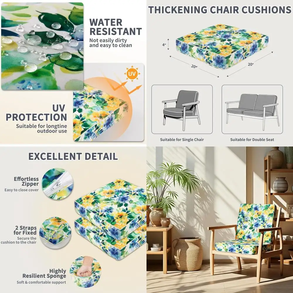 

Pair of 20x20x4 Waterproof Outdoor Seat Cushions in Flower Green with Ties