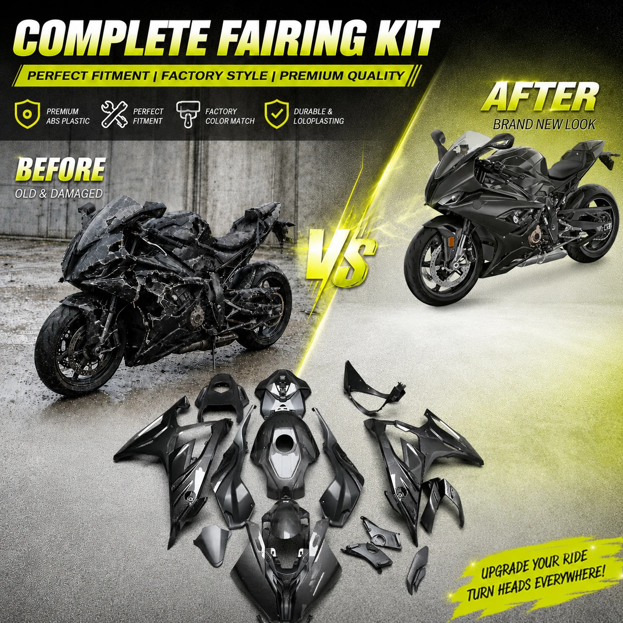 

Complete Body Kit for BMW S1000 RR 23 24 Black Carbon Fiber Pattern Accent Motorbike Injection Molded ABS Plastic Fairings Kit