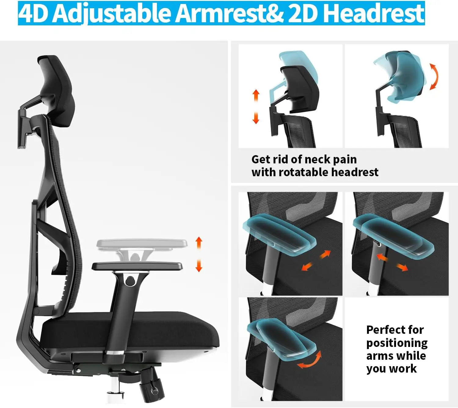 Cadeira ergonômica do escritório com encosto adaptativo, cadeira de mesa do computador encosto alto, braços 4D