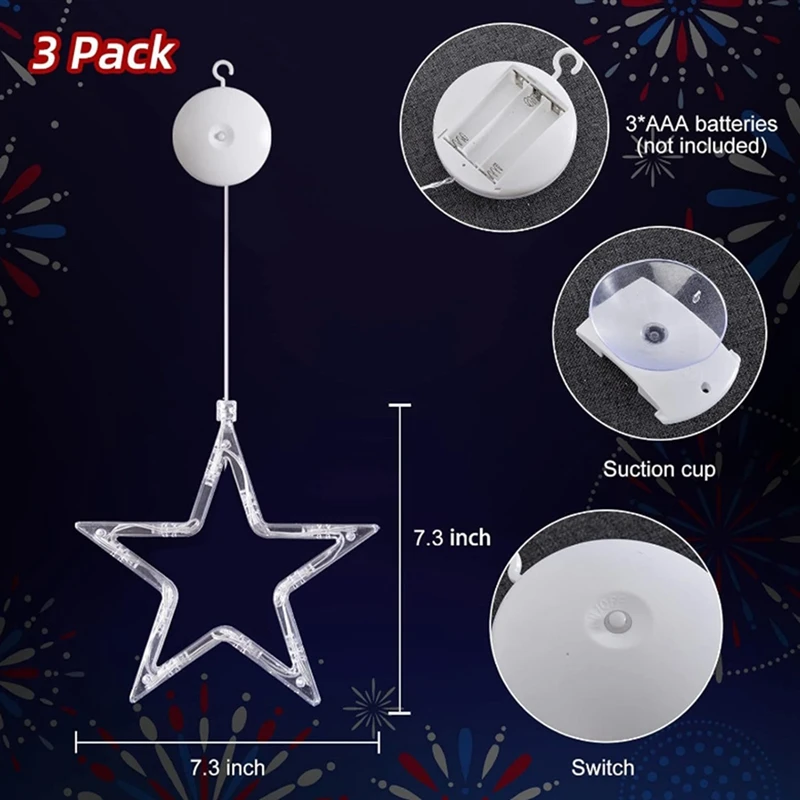 Luces LED de estrella para ventana, iluminación de escena americana para interiores y exteriores, color rojo, blanco y azul, 4 de julio, 6 piezas