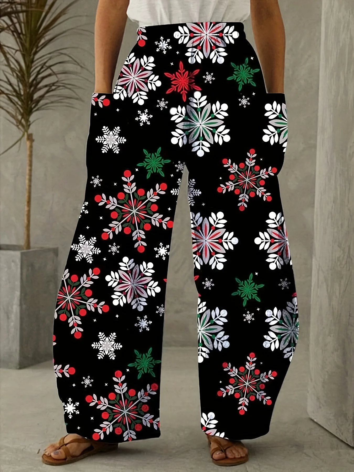 Calça padrão de Natal feminina, bolso duplo impresso em 3D, calça casual de perna larga, moda feminina, roupas tamanho grande