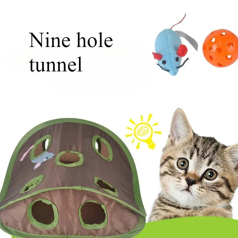 

NEW Foldable Cats Playing Tunnel 9 Hole Mouse Hunt Toys Cat Mice Game Intelligence Bell Tent With Keeps Kitten Active Pets