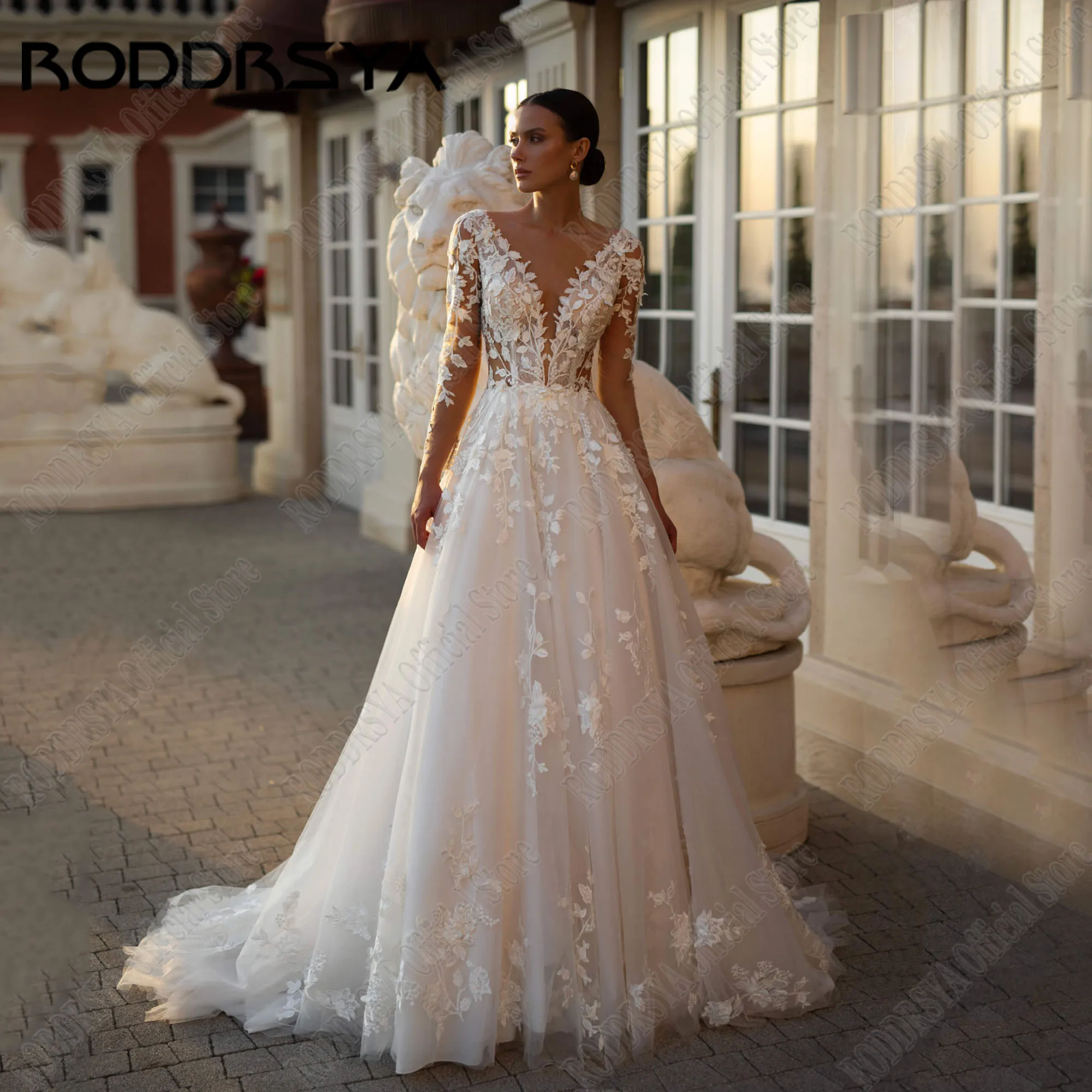 

RODDRSYA Customized Luxury Long Sleeves Wedding Dress A Line Applique Lace Scoop Neck Soft Tulle Boho Bridal Gown Sweep Train