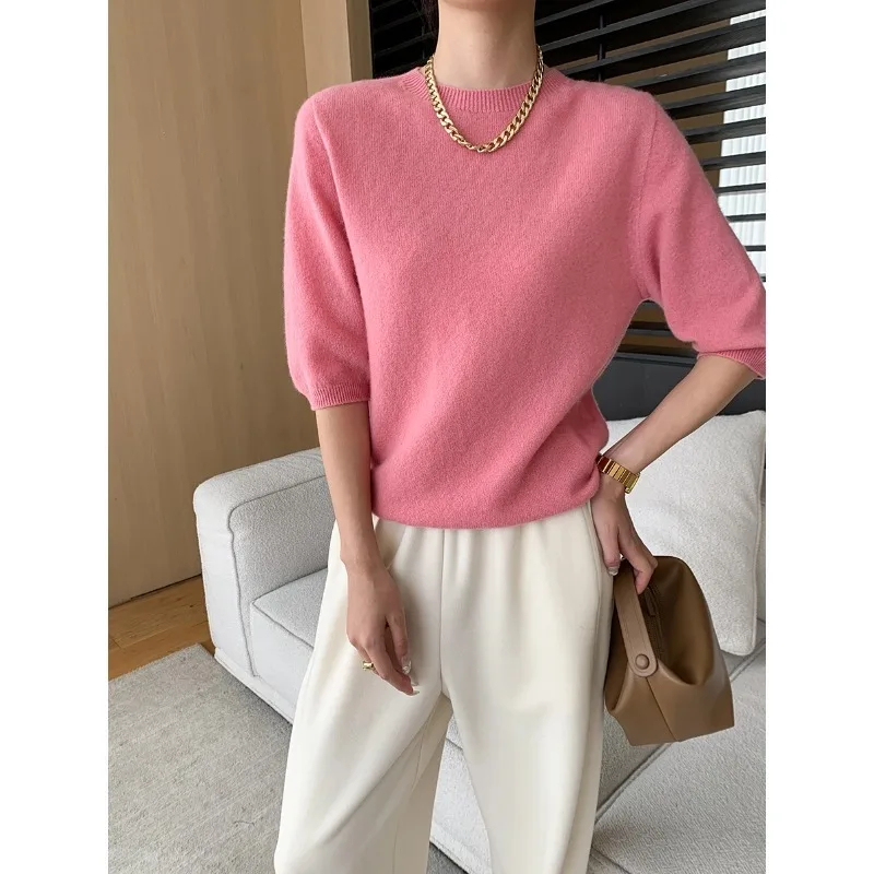 

Seamless Wool Half Sleeve Knitted Sweater 2024 Autumn Solid Warm Jumper