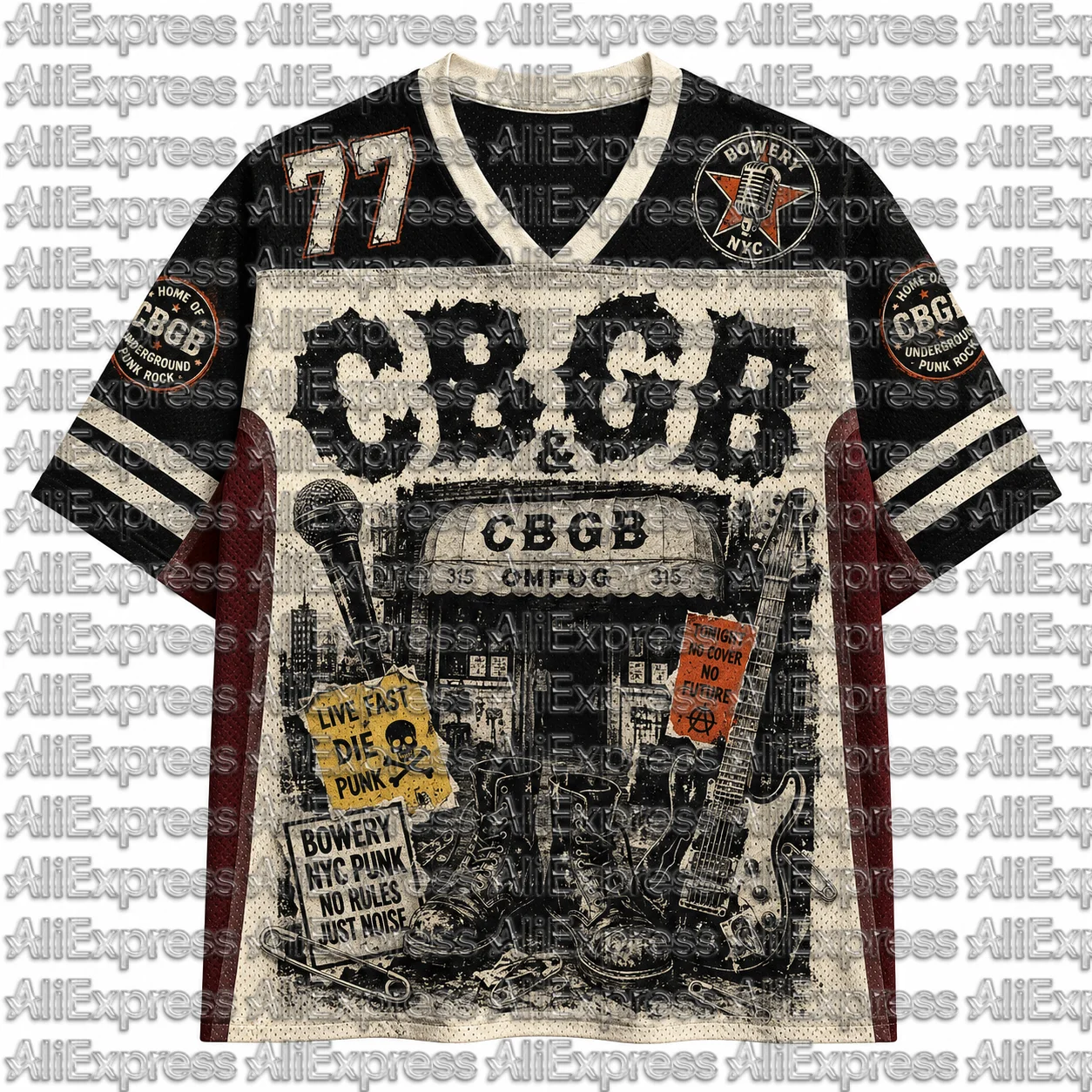 CBGB&OMFUG NYC Punk Rock 77 Pattern Men's Mesh V-neck Short Sleeved T-shirt Retro Bowery Underground Neutral Street Sports Top