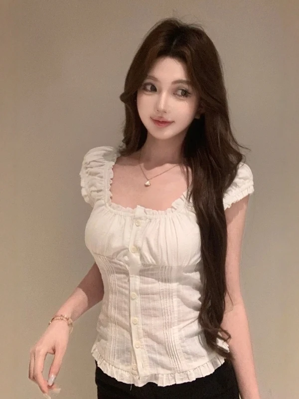 Koreański Delikatny Bluzka z Falbanką przy Kołnierzyku lub Sweter Damski Dopasowany Krój Letni Nowy Modny Prosty Oddychający Przyjazny dla Skóry