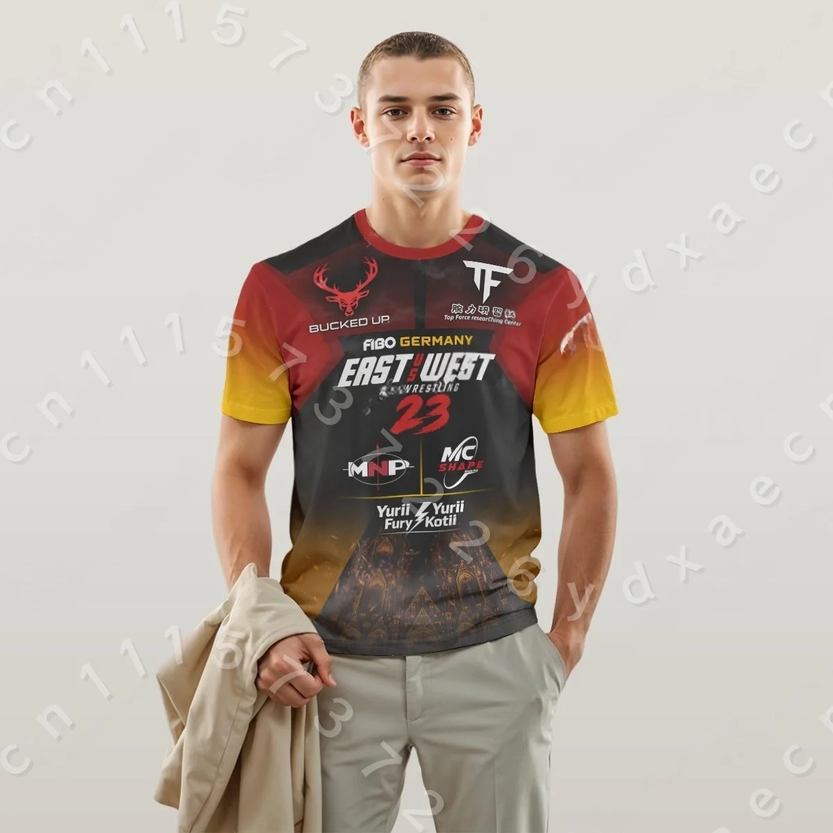 Familien-Matching-Trikot für den Ost-West-Armwrestling-Turnier: Atmungsaktives Mesh-Sport-Fan-T-Shirt mit Farbverlauf und Allover-Print, Kurzarm – Detail 9