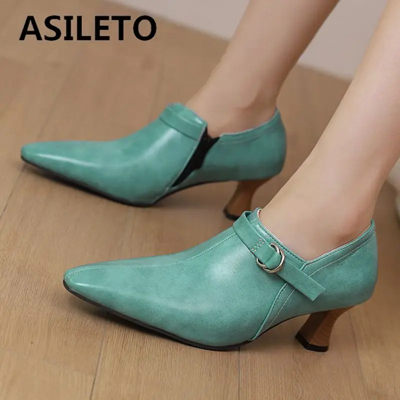 ASILETO Vintage Women Pumps Pointed Toe Strange Heels 5.5cm Zipper Buckle Strap Plus Size 48 49 50 Office Ladies Daily Shoes