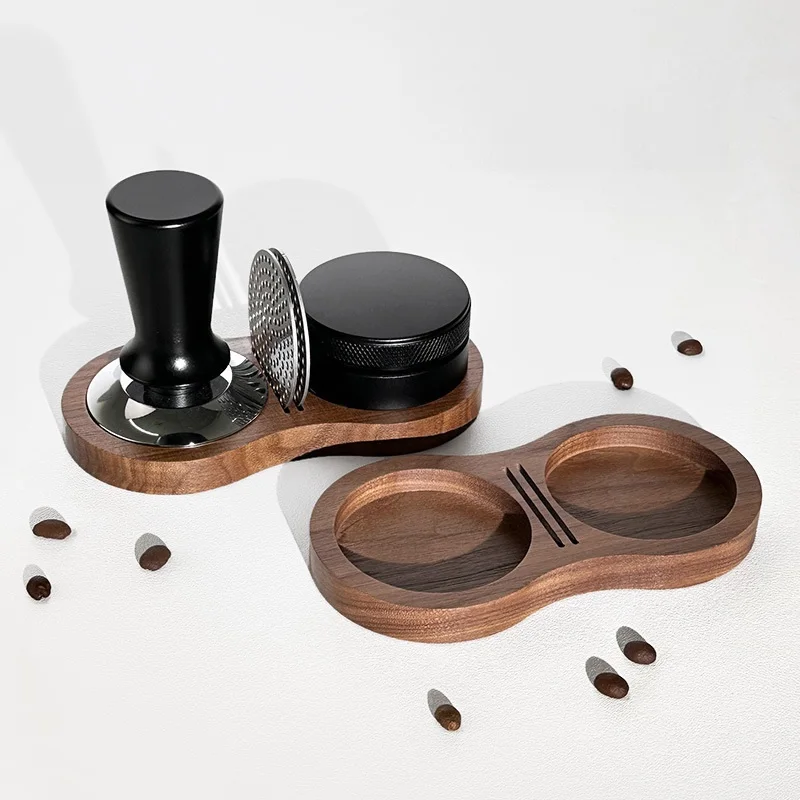 Walnut Wood Coffee Tamper Station Organizer Board, Portafilter Stand Storage Tray for Distributor Shower Screen Barista Tools