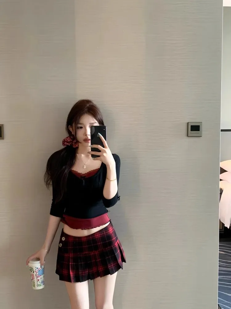 plus Size American Retro JK Low Waist Plaid Ultra  Skirt Women Summer New Spicy Leg Lengthening a Line Pleated Half Skirt