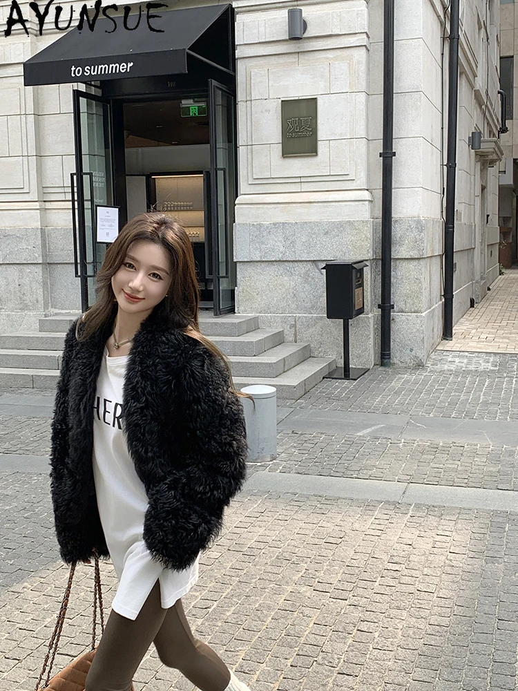 AYUNSUE 2025 Winter Shearling Jacket Woman Natural Wool Jackets for Women Clothes Short Luxury Fur Jacket Woman Кофта С Мехом