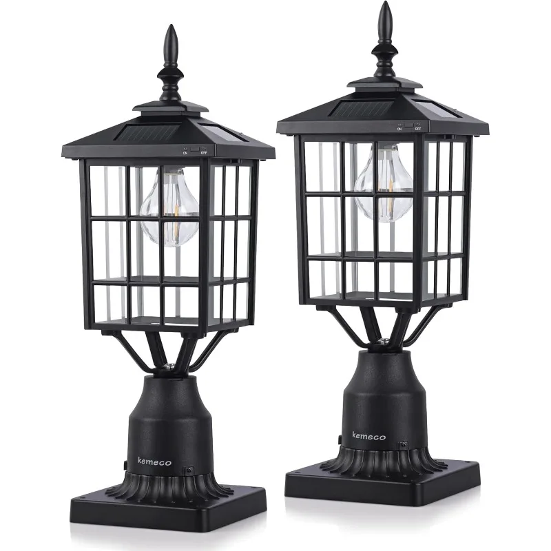 

Outdoor Solar Post Light with Dock Mount Base, 2-Pack Black Cast Aluminum Square Waterproof Exterior