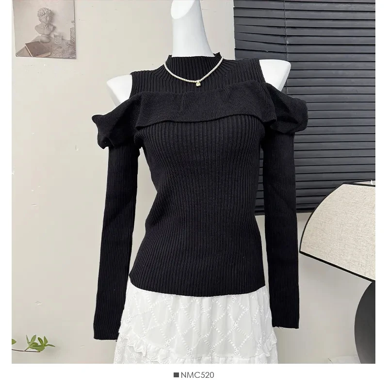 

Y2k Off Shoulder Embroidery Knitted Crop Top Women Autumn Winter Slim Fit Bandage Design Pullover Sweet Thin Sweater