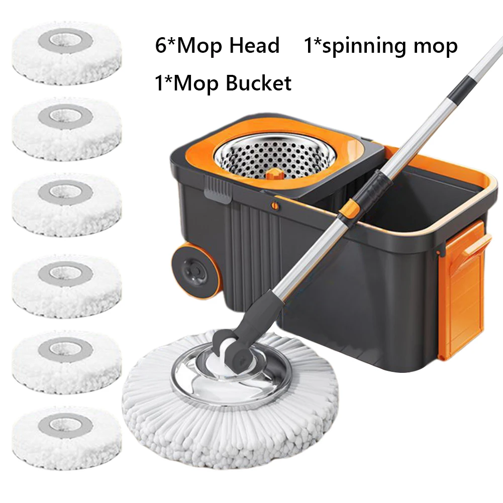 Rotary Mop Set 360 Spinning Floor Cleaning System with 6 Extra Refills Heads Extended Handle Hand-Free Automatic Dehydration Mop