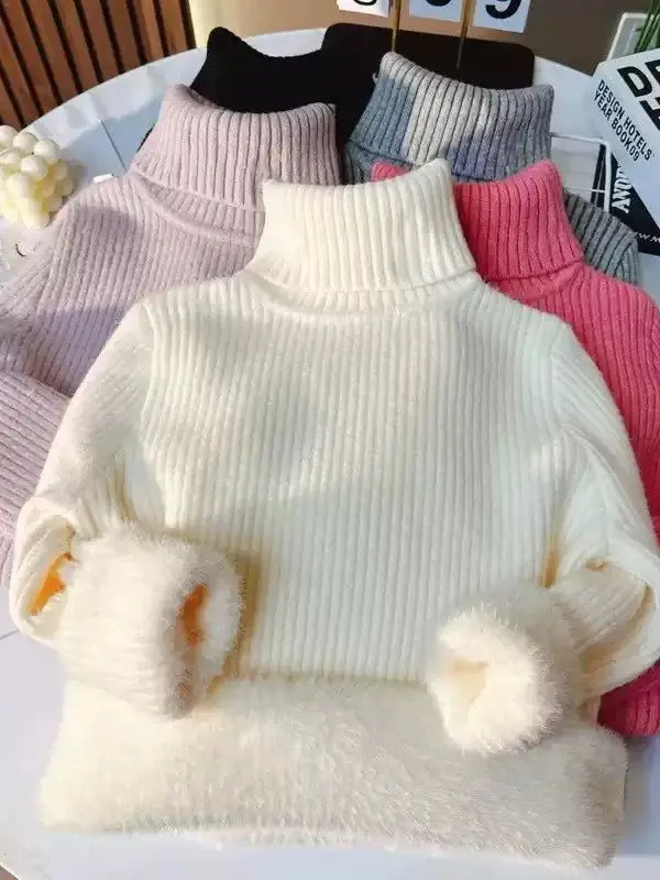 

Girls Winter Knitted Sweater Thiened One-Piece Fce Casual High Ne Warm Base Layer Trendy Sweet Sle Long Sve Top
