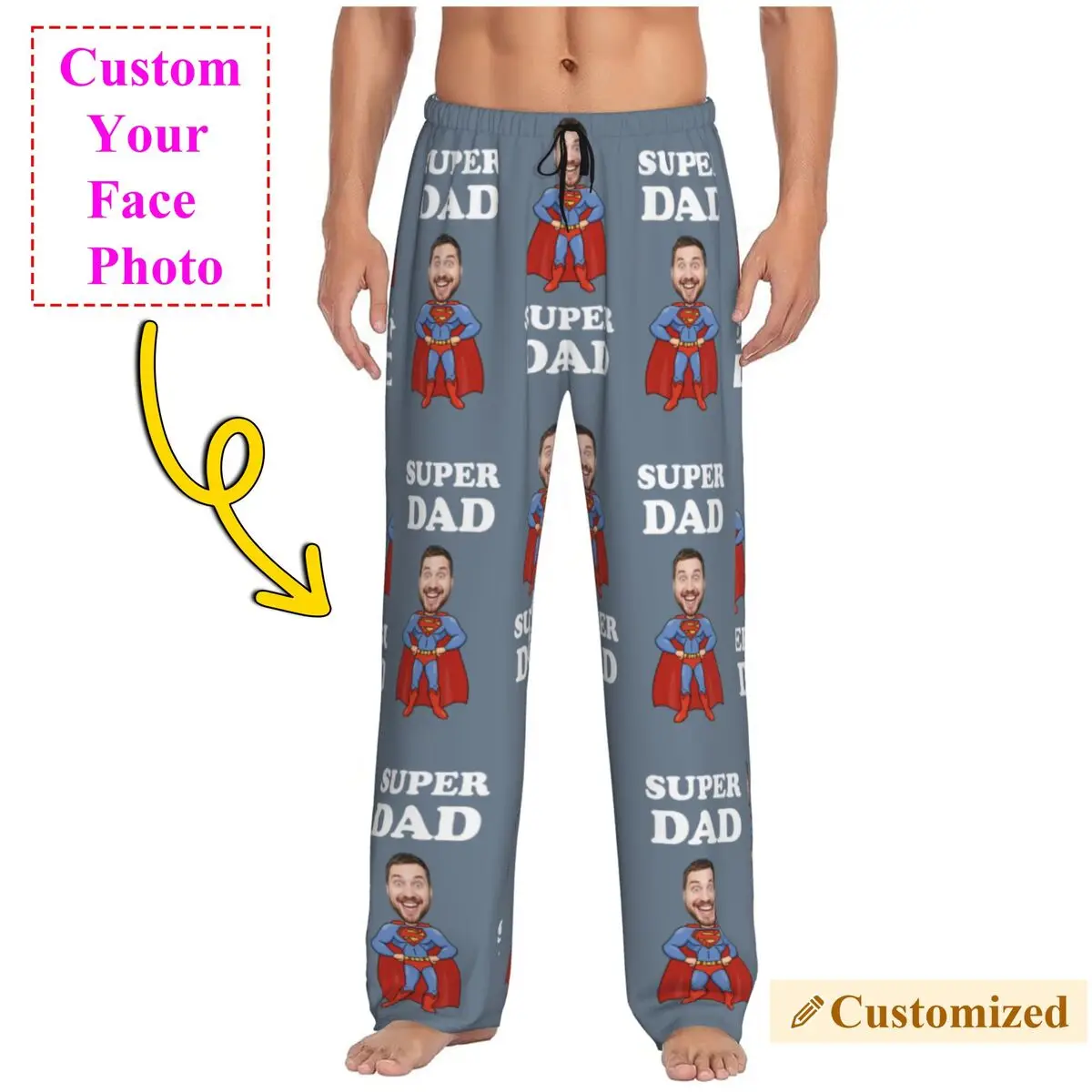 

Super Dad Custom Pajama Pants Men Personalized Face Photo Design Sleepwear Lounge Sleep Bottoms Stretch with Pockets