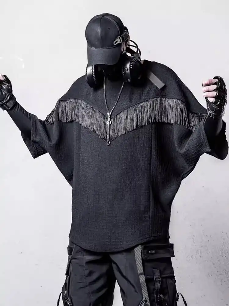 Gothic Men's Sweatshirt 2026 Spring Summer Niche Design Patchwork Tassel Bat Sleeve T Shirt Dark Long