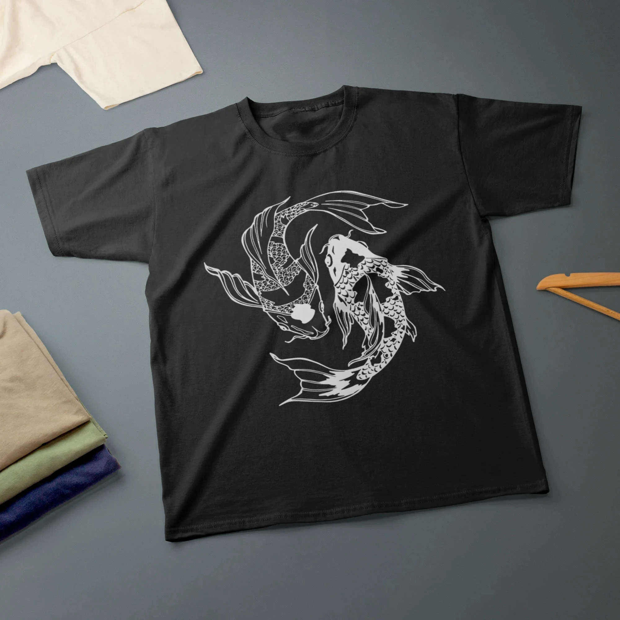 Koi Fish Yin Yang T-Shirt Ink Drawing Graphic T Shirts Retro Streetwear High-quality Crew-neck Short-sleeved Men's T-shirt