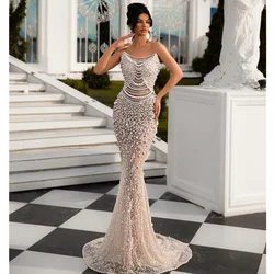Luxury Pearl String Sexy See Through White Sequins Long Dress Elegant Woman Wedding Party Dress Red Carpet Goddess Vestido