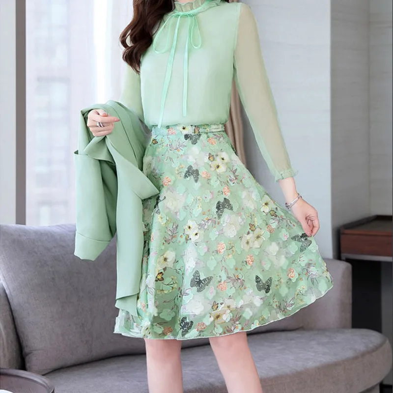 New Fashion Trench Coat For Women Collocation Floral Dress Autumn Three-piece Suit Jacket Windbreaker Skirt Ladies Suit