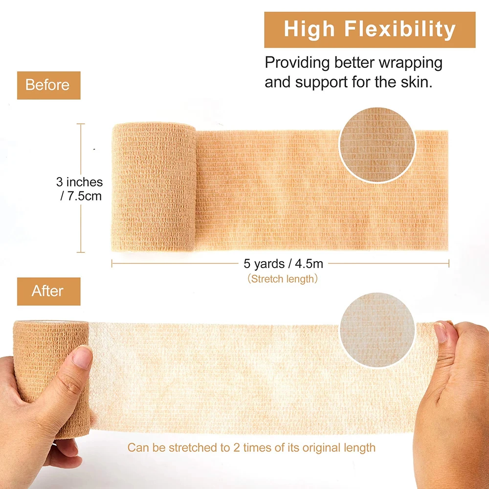 12 Rollen medizinischer Klebeverband, elastisch, atmungsaktiv, selbstklebendes Sportband, beige Wickelfingerband für Erste Hilfe am Handgelenk, Knöchel – Detail 3