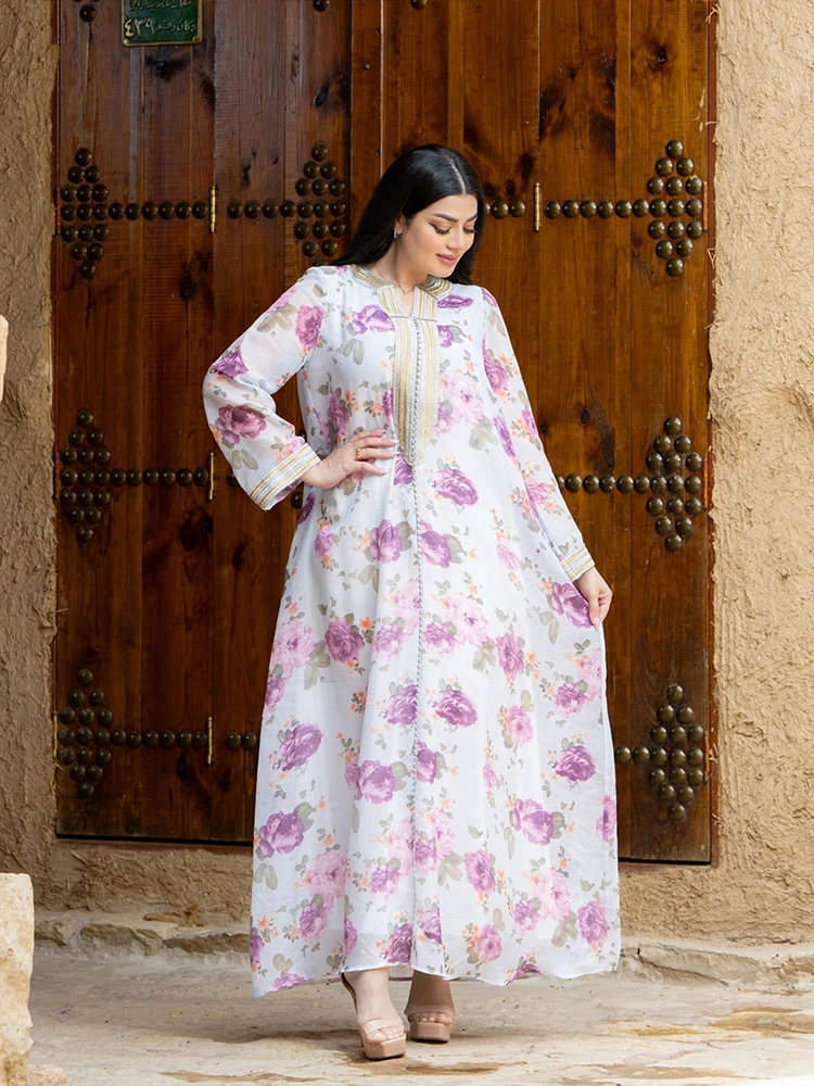 TOLEEN femmes robes au sol moyen-orient ample imprimé fleuri Robe pour femmes musulmanes à manches longues et Robe de soirée élégante