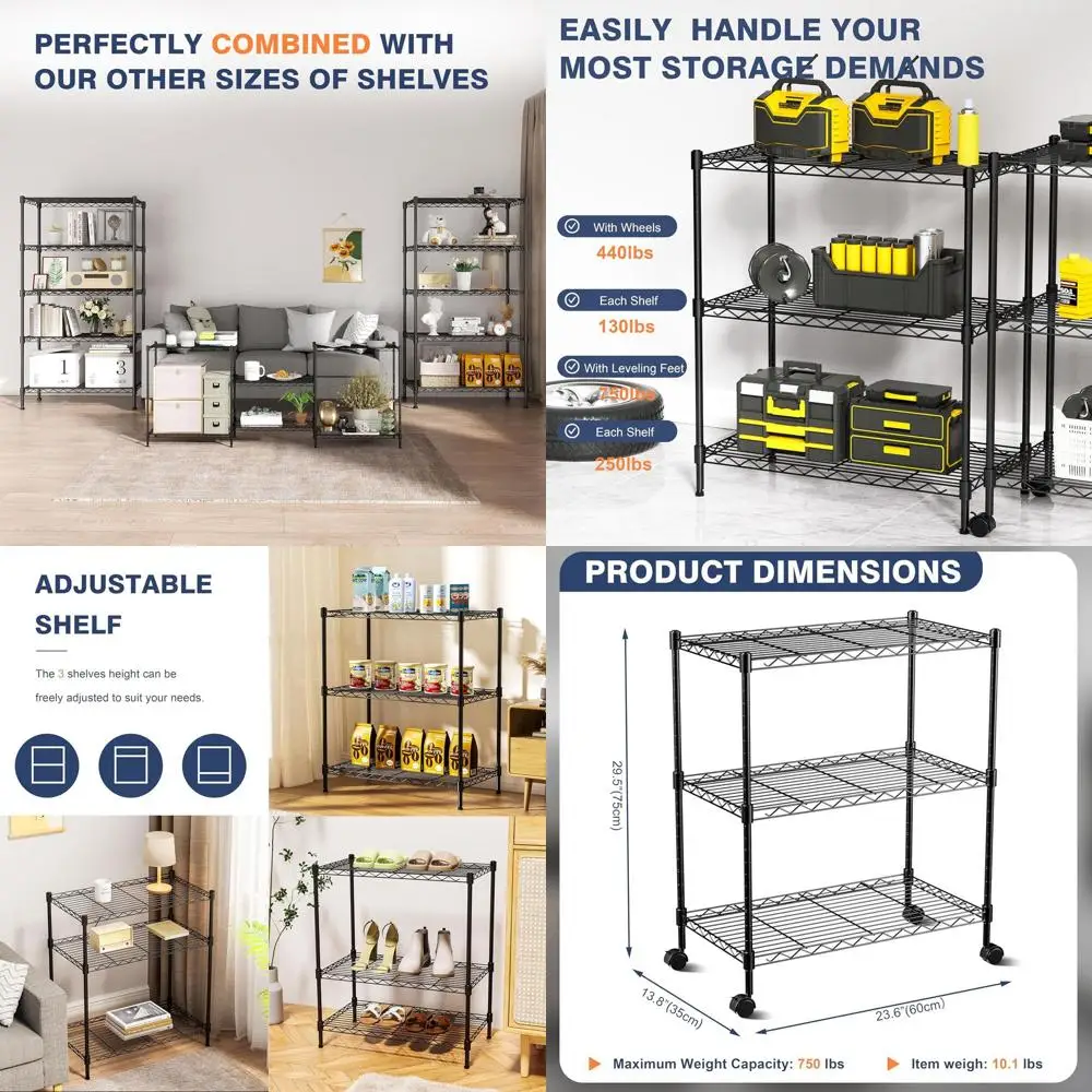 

Adjustable 3-Tier Metal Wire Shelf Rack with Lockable Wheels, 24x14x30, Ideal for Kitchen, Living Room, Laundry, Office, Pantry,
