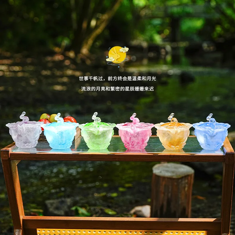 Lost wax method pastel relief flowing cloud moon rabbit glazed cover bowl set hand grab tea bowl is not hot, do not boil water