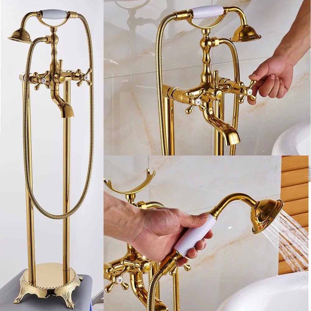 

Uythner Gold Floor Mounted Tub Sink Faucet Dual Handle Bathroom Bath Shower Set Freestanding Bathtub Mixer Tap with Handshower