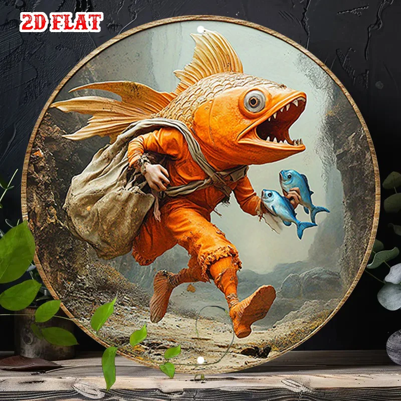 2D Flat, 1pc Vintage Goldfish & Sea Creatures Metal Wall Art - 19.81cm Round Aluminum Fish Sign with Jumping Fisherman-Like Go