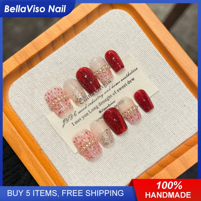 Red Lady | Elegant Short Coffin Press On Nails Decorated Fake Nails 10pcs Handmade Gentle Pearl Checks Wearable Nail Art Tips