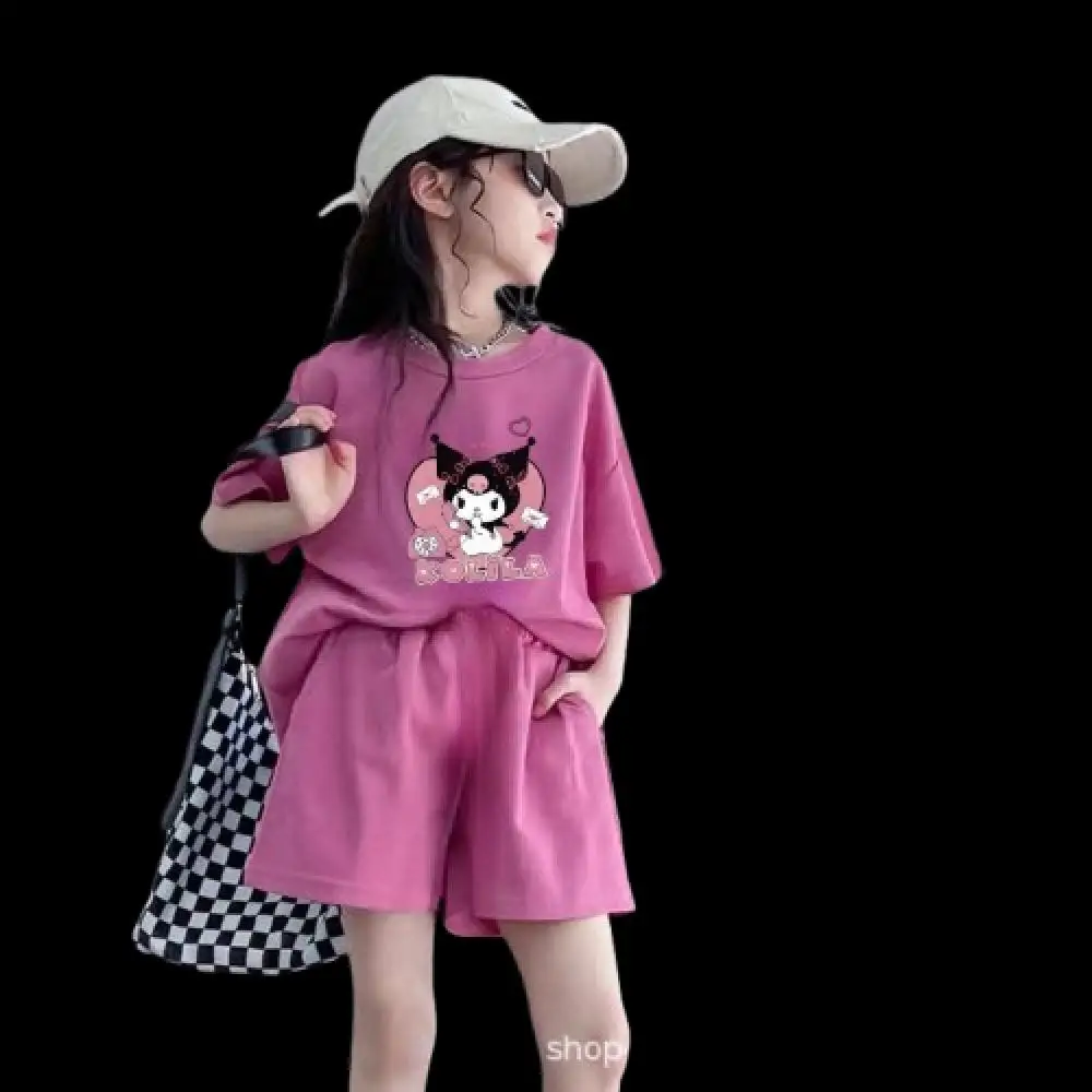 طقم تي شيرت كورومي للفتيات من سانريو شورت رياضي صيفي جديد بأكمام قصيرة مناسب مريح لطيف للأطفال بلوفر من النوع الثقيل وسراويل علوية #6