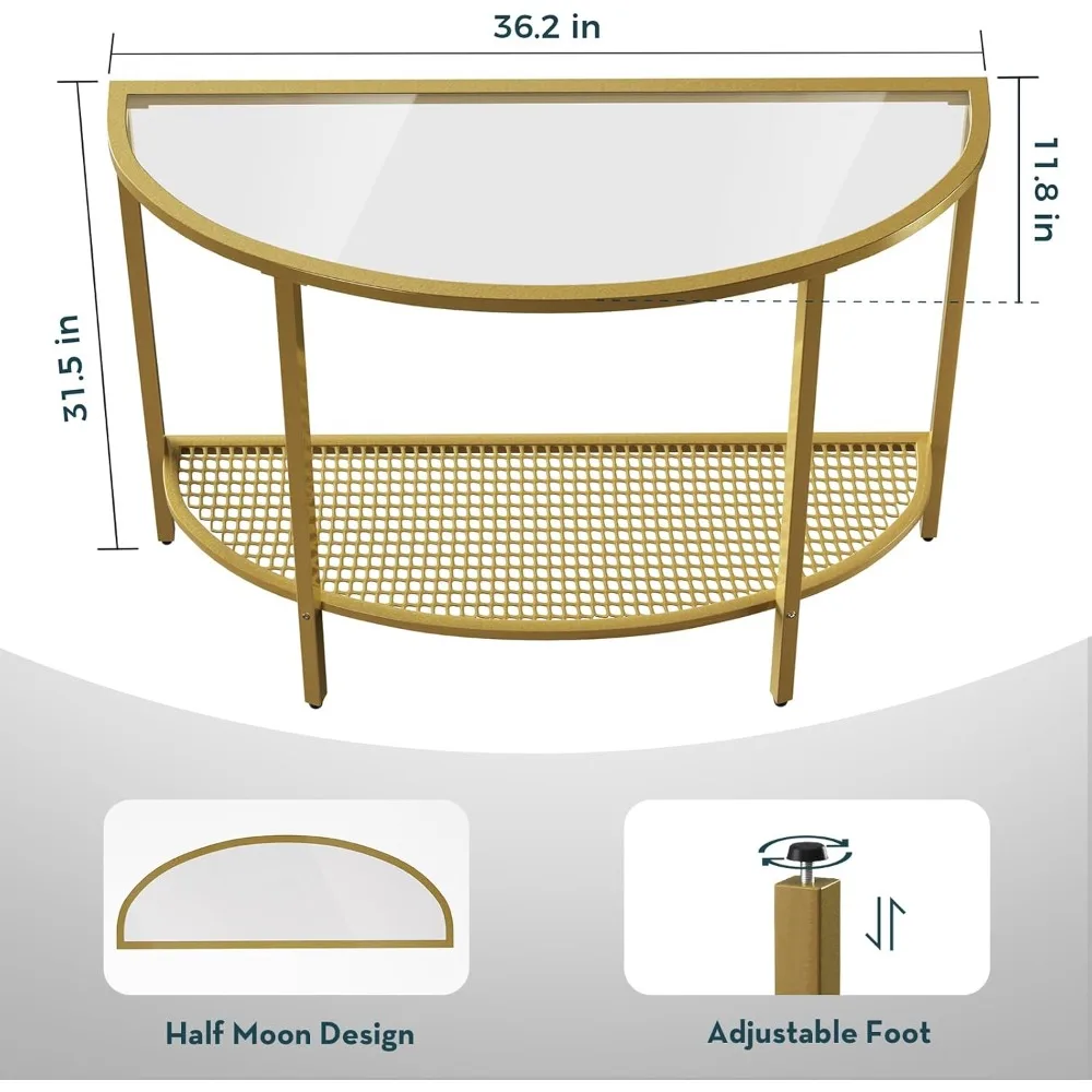 Glass Half Moon Console Table 2 Tier Narrow Entryway Table with Gold Metal Frames, Modern Couch Table Small Entry Way Tables, E