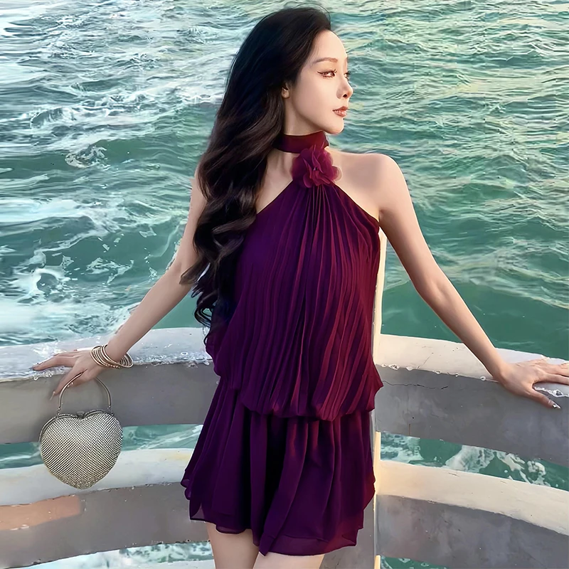 ชุดเดรสสีขาวม่วง ดีไซน์หรูหรา ลายดอกไม้ ทรงเข้ารูป กระโปรงทรงเอ สำหรับผู้หญิง