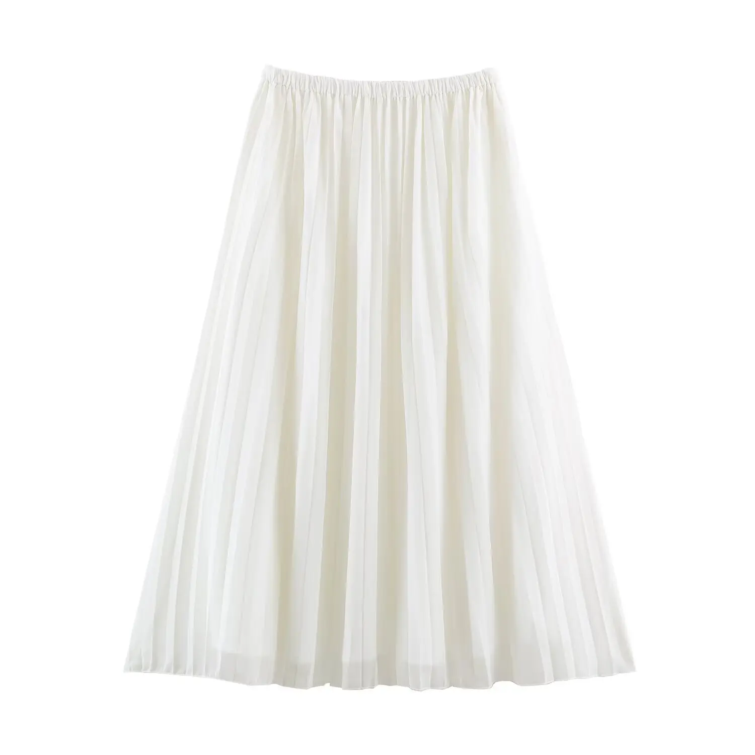 Autumn Women White Elastic Waist Pleated Skirt With Lining A-lined Midi Long Skirts