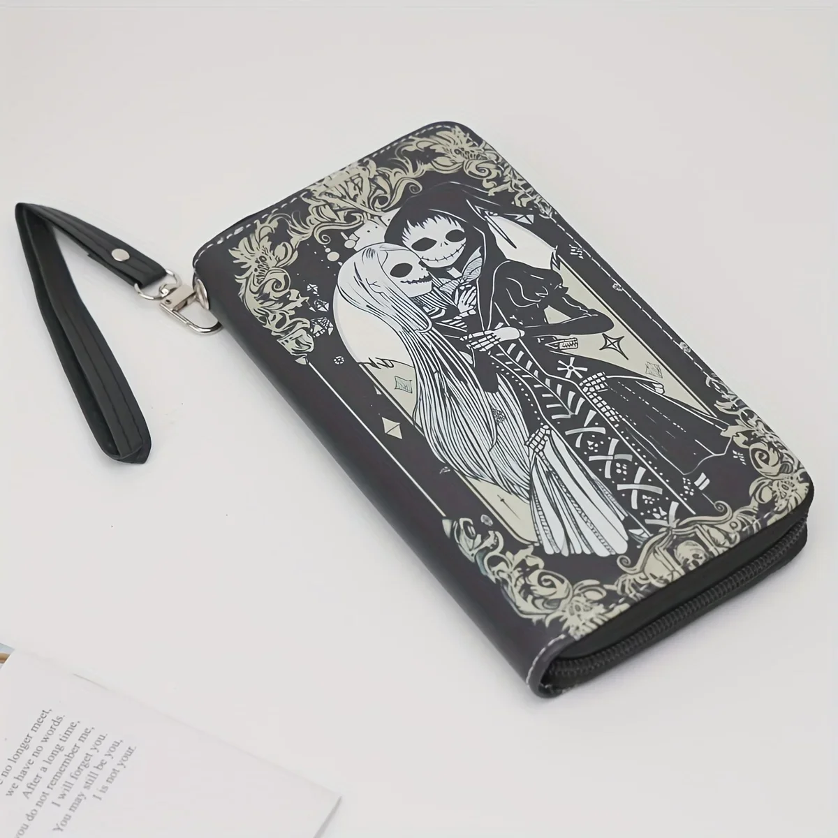 Avant-garde punk Halloween ladies gothic long wallet, vintage skull Y2K roses, women's clutch, print position random, zipper pos