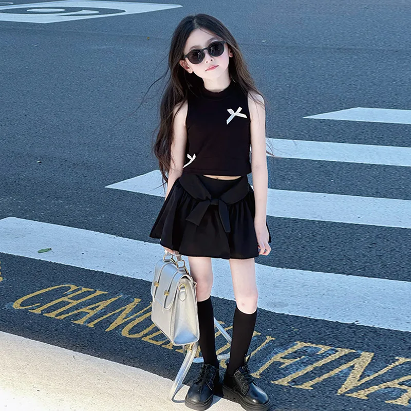 2026 summer Girls set Clothes teenager bow crop top t-shirt vest sleeveless + pleated mini skirt 4 7 8 10 11 12 year tracksuit