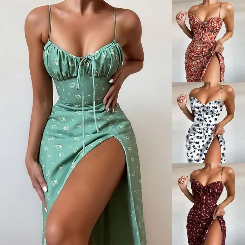 2024 Mouwloze Satijnen Slip Bloemen Ruches Bandage Uitgesneden Maxi Jurk Zomer Vrouwen Mode Sexy Party Club Robe