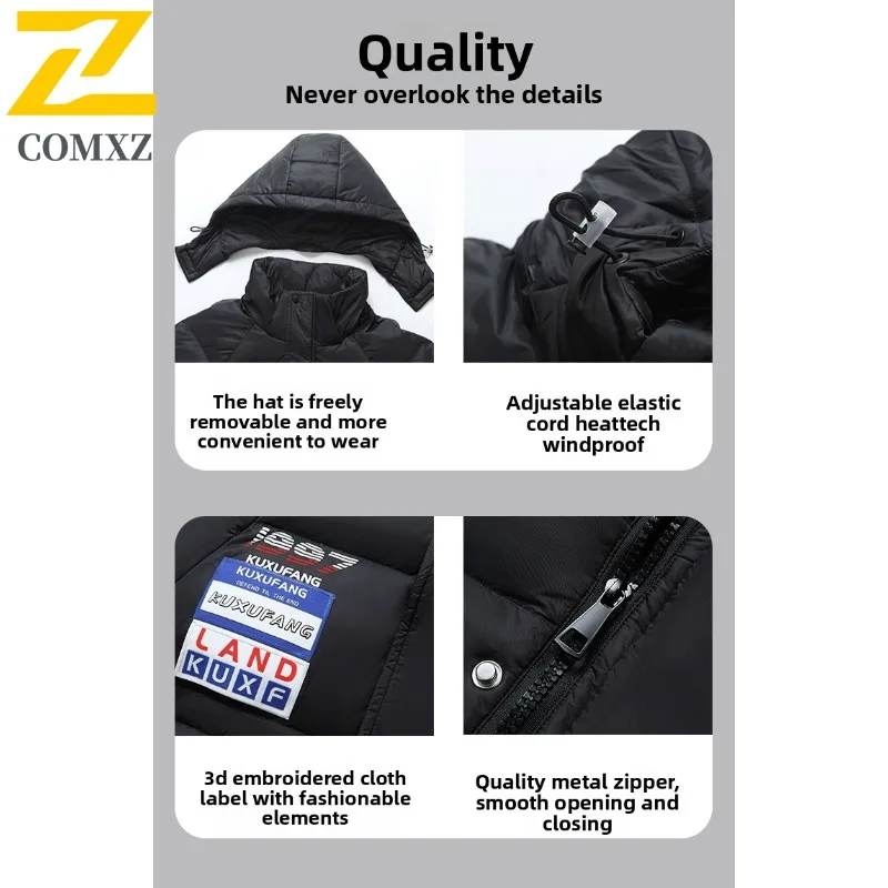 COMXZ Men Cotton Padded Jacket Solid Color Warm Snow Travel Windproof High Quality Parker Coat Stylish Outdoor Winter Padding