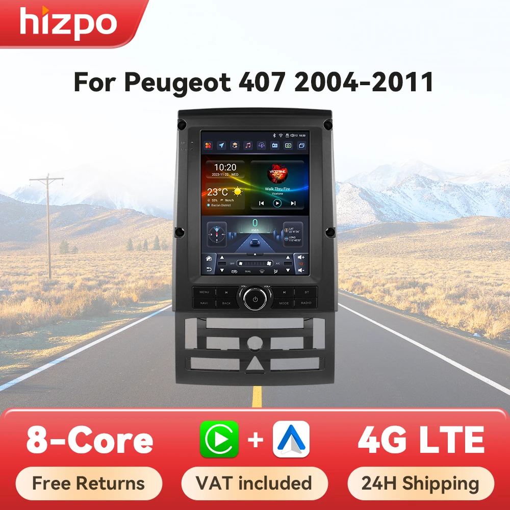 Radio samochodowe Hizpo 9.7" w stylu Tesla do Peugeot 407 2004 - 2011, bezprzewodowy CarPlay, Android Auto, bez 2 din, 2din, DVD, kamera 360, 8 rdzeni