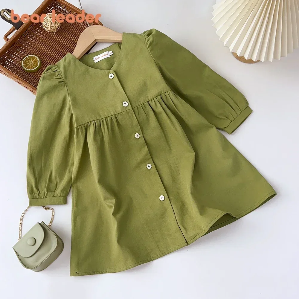 Bear Leader Autumn Green Long Sleeved Single Breasted Shirt Dress Spring Kids Dresses for Girls Solid Color Children\'s Clothing