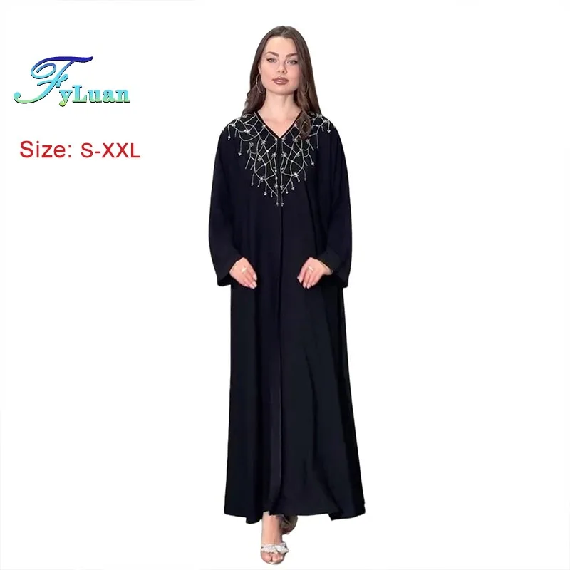 2025 nouveaux vêtements pour femmes noires mode musulmane strass col en v Style décontracté ample nouvelle robe en mousseline de soie débardeurs ensembles deux pièces