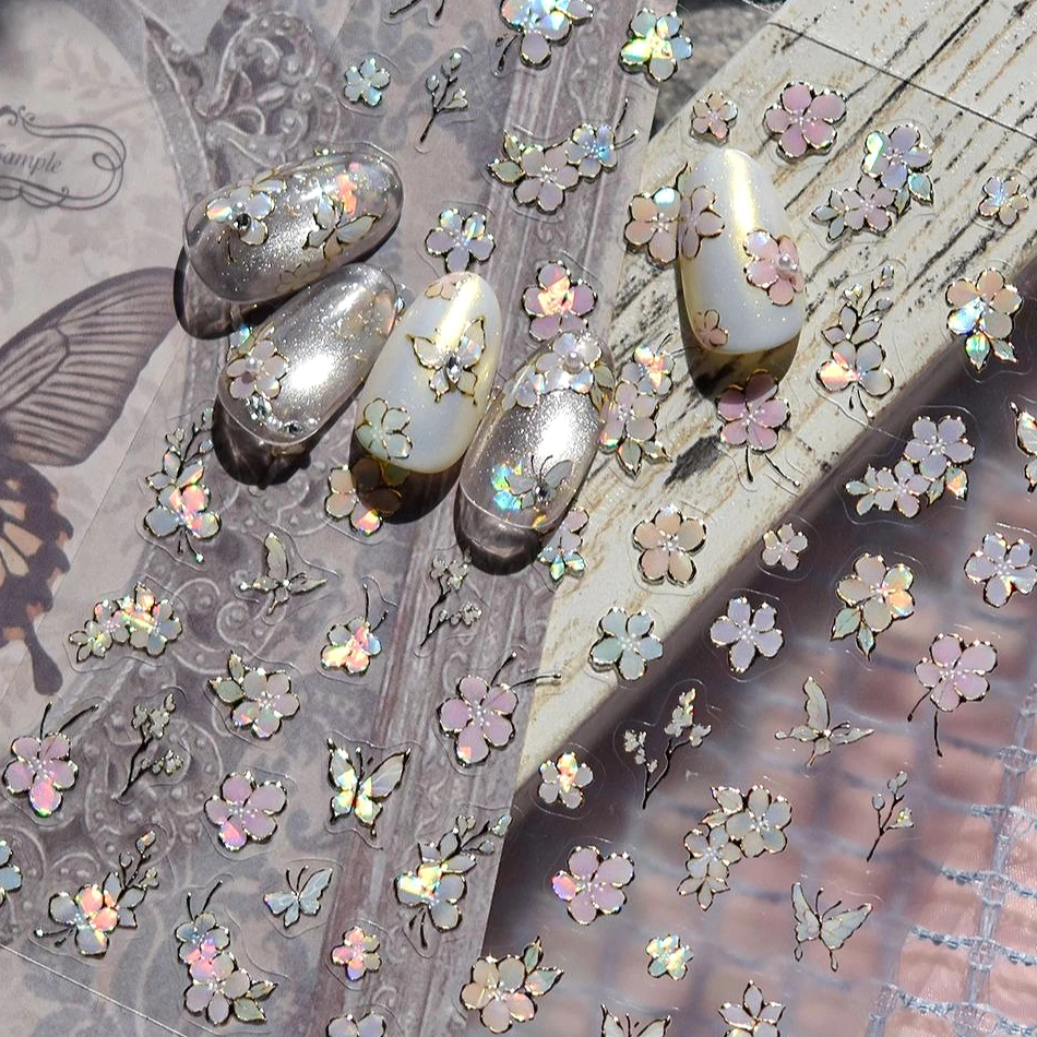 

Shiny Flower Butterfly Magnolia Poetry Chinese Style Frangipani Delicate Peach Blossom Rose Lily Daisy Nail Art Stickers Decals