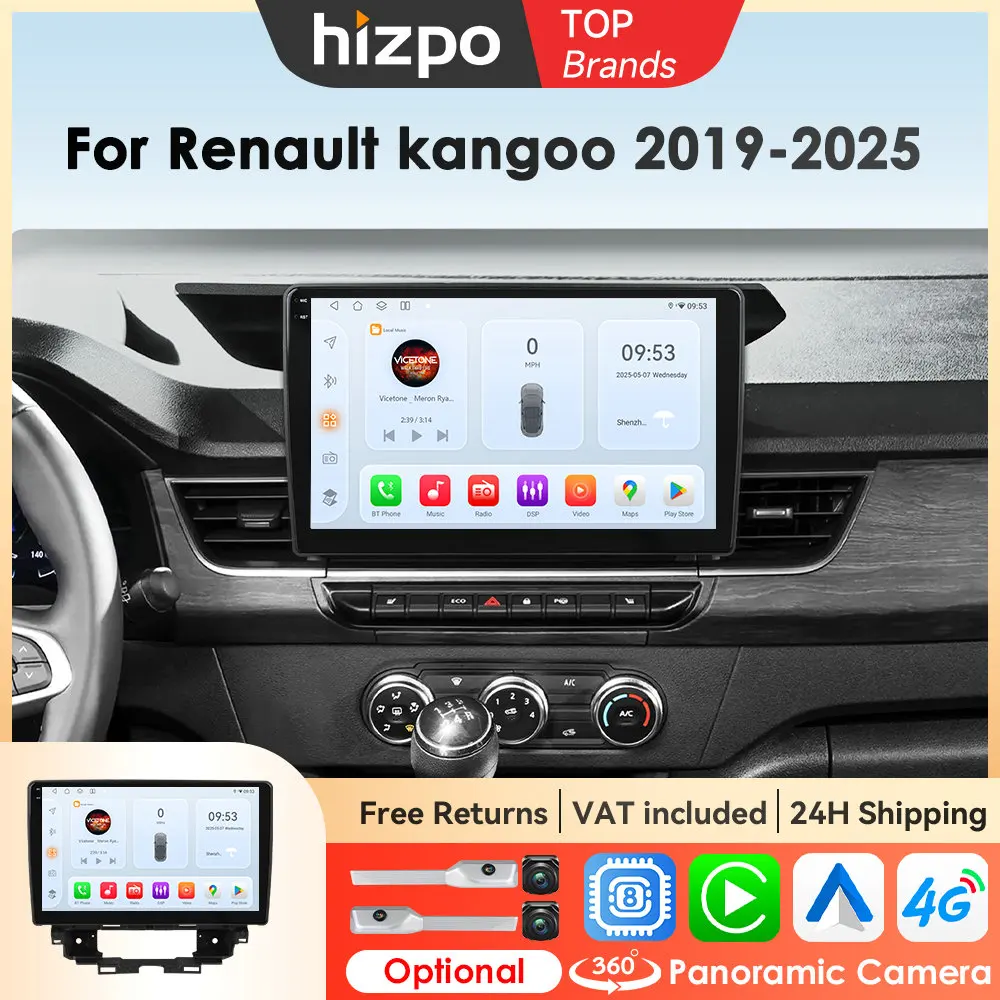 Hizpo 10.1 "Android 14 Autoradio Per Renault Kangoo 2019 - 2025 Lettore Video Multimediale GPS Carplay Auto NO 2DIN DVD Unità Principale
