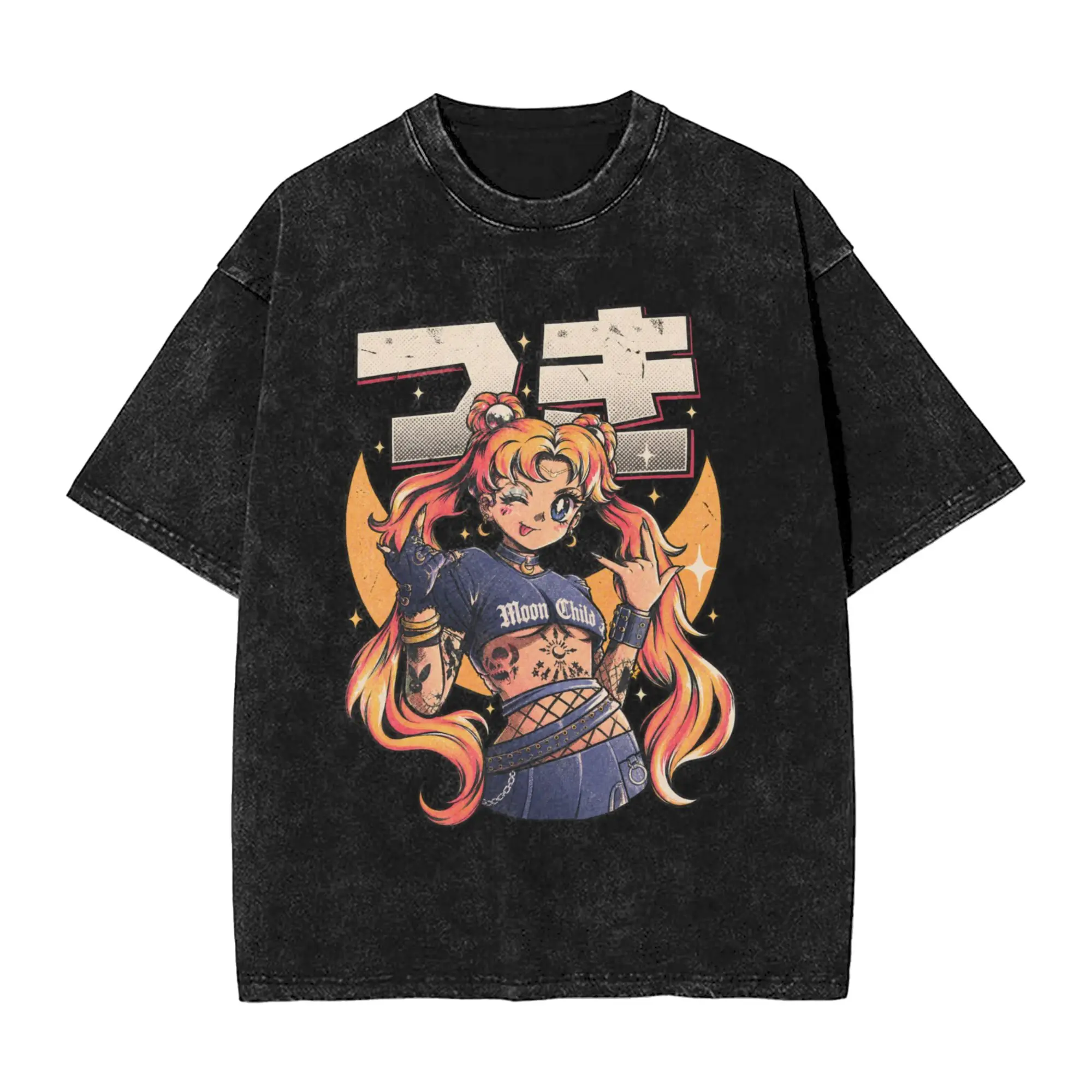 Sailors Moons Japanese Anime Men's T Shirts Washed  Leisure Tee Shirt Short Sleeve Crew Neck T-Shirt 100% Cotton Gift Clothing