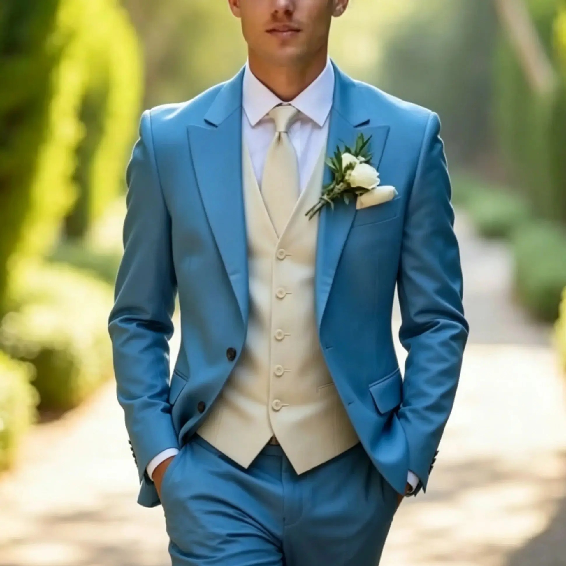 

New Blue And Beige Formal Business Men Suit Groom Groomsman Wedding Party Prom Male Tuxedos 3 Piece Set Blazer Vest Pants