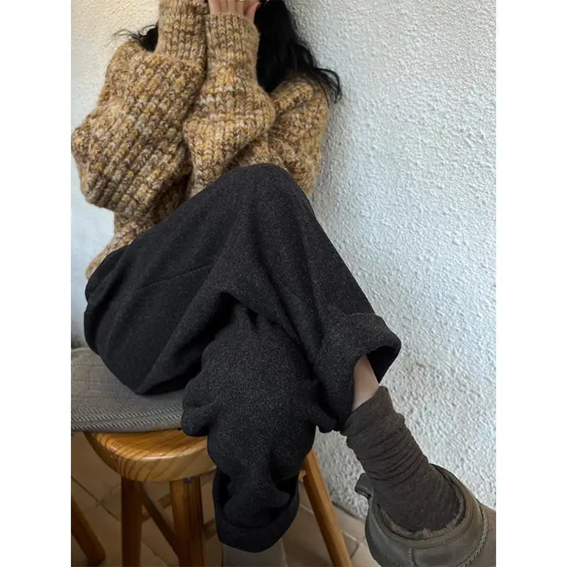 Casual Loose Pockets Woolen Suit Pants Autumn Winter High Waist Thicken Korean Ladies Solid Harem Trousers WP49