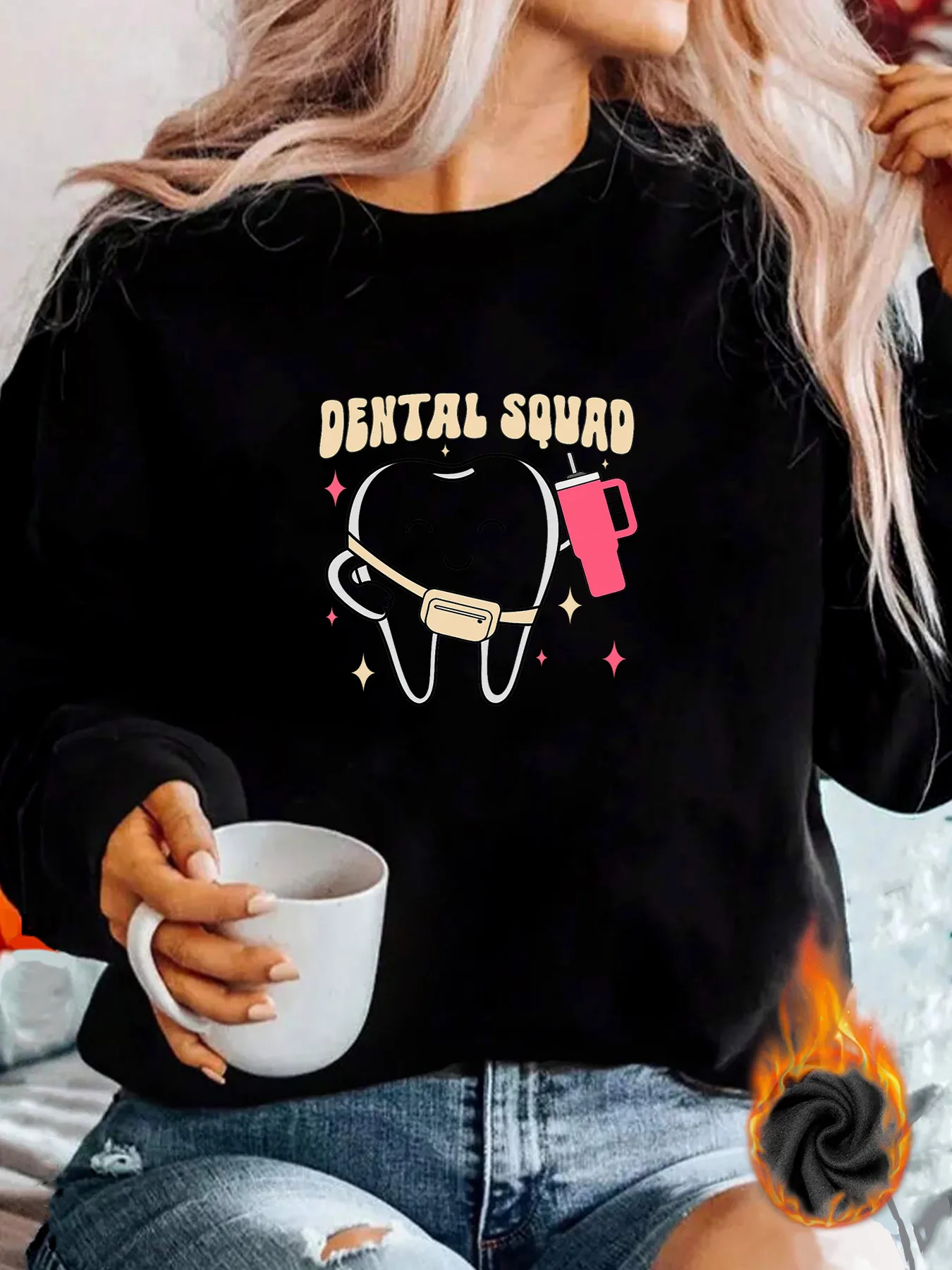 【008092】Teeth Fashionable women's round neck printed hoodie loose long sleeve sweatshirt for ladies